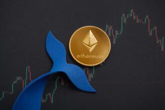 A gold physical Ethereum coin next to a blue paper whale tail, overlaid on a black candlestick chart.