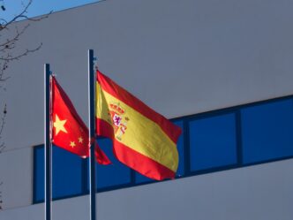 The national flags of China (left) and Spain (right) flying side-by-side on poles.