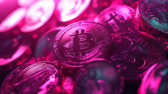 Close-up of a pile of Bitcoin coins glowing brightly under intense magenta and neon lighting.