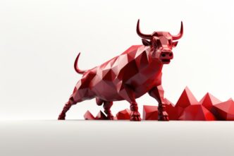 A 3D render of a stylized, deep red bull sculpture composed of low-poly, angular geometric facets on a white background.