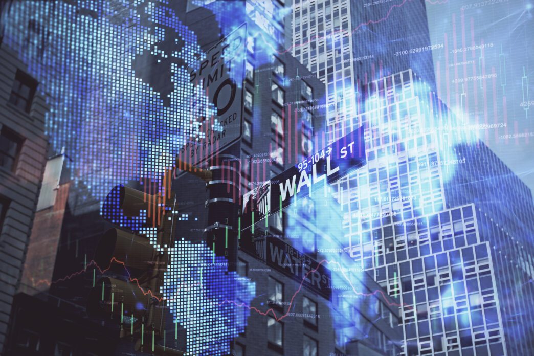 Double exposure of the Wall Street sign overlaid with a glowing digital map and financial charts.