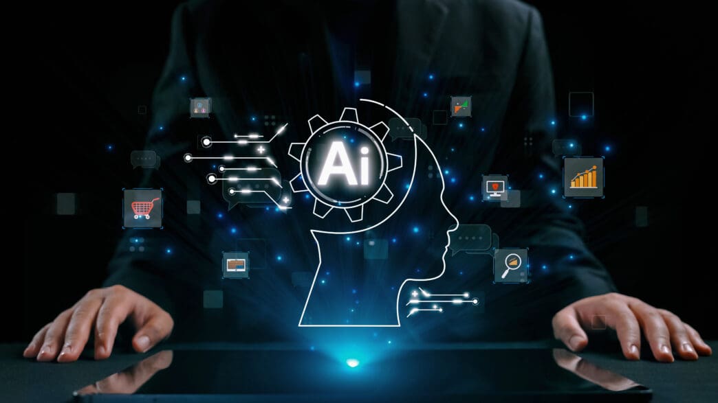 Man in a suit interacting with a glowing holographic head icon representing Artificial Intelligence, surrounded by small icons.