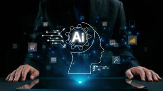 Man in a suit interacting with a glowing holographic head icon representing Artificial Intelligence, surrounded by small icons.