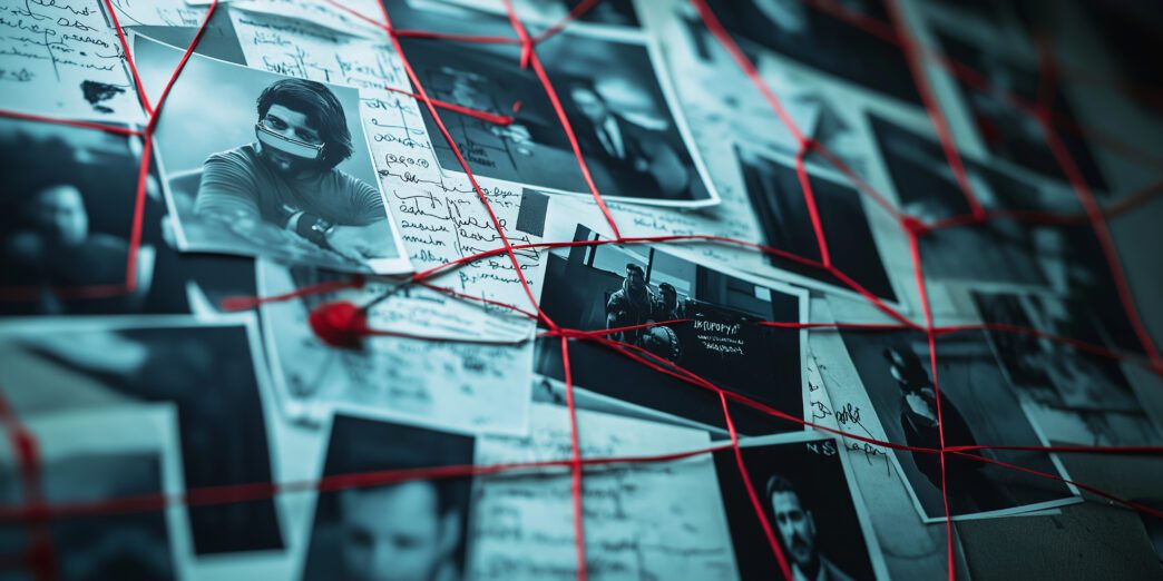 Crime investigation board with black and white photos, handwritten notes, and red string connecting the evidence.