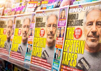 Multiple copies of the National Enquirer magazine cover featuring Jeffrey Epstein and headlines about his files.