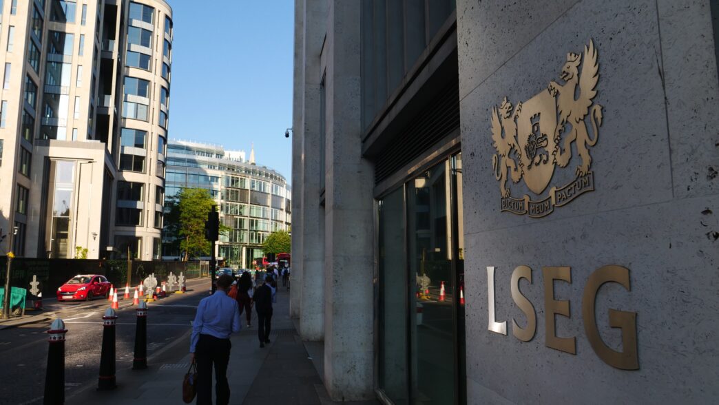 Exterior view of the London Stock Exchange Group (LSEG) offices with its coat of arms and acronym.