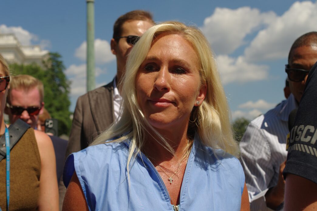 U.S. Representative Marjorie Taylor Greene speaking to media outdoors in Washington, D.C.