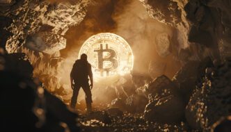 Silhouette of a figure standing inside a dark cave, discovering a giant, glowing golden Bitcoin coin.