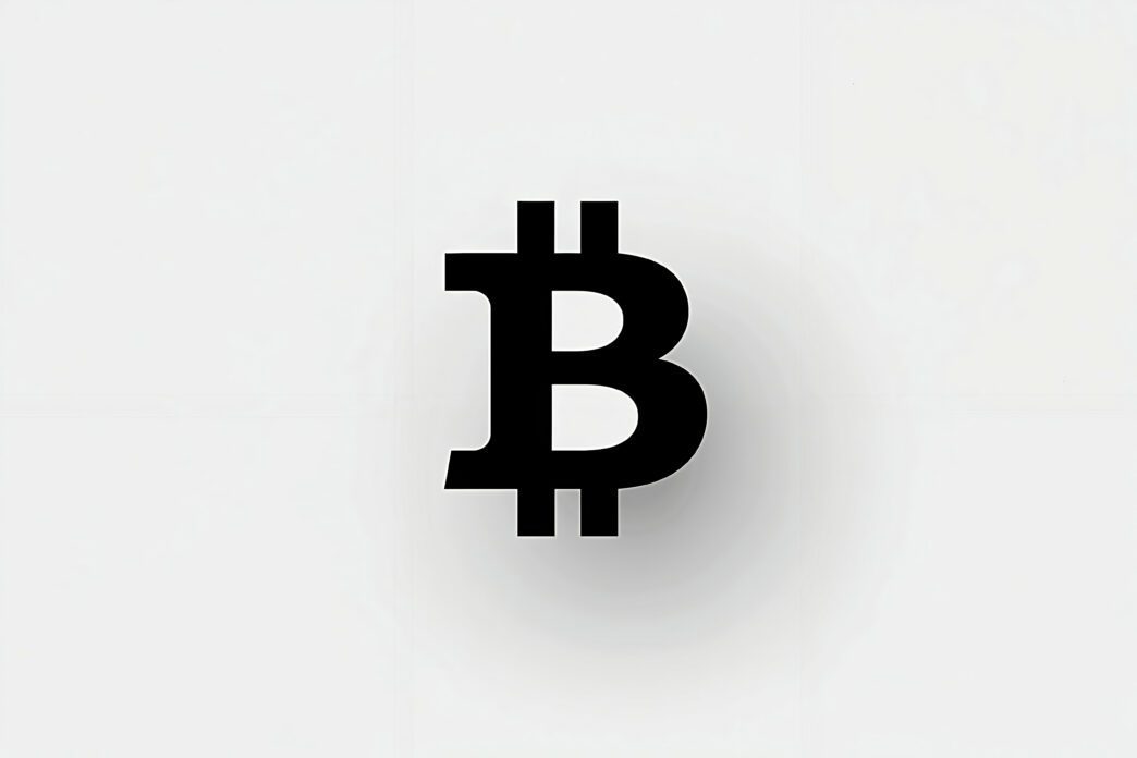 Simple, bold black Bitcoin logo centered on a clean white background.