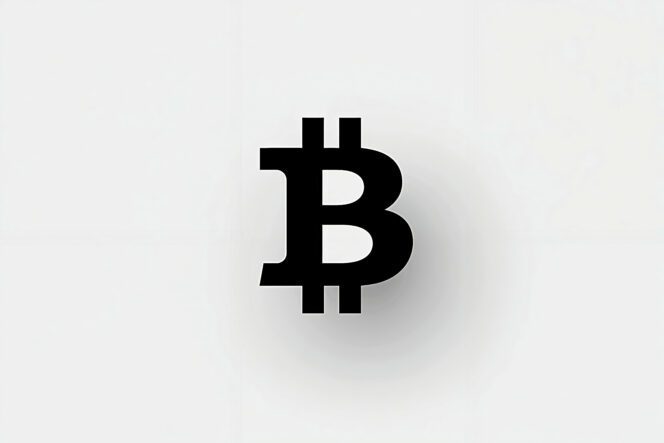 Simple, bold black Bitcoin logo centered on a clean white background.