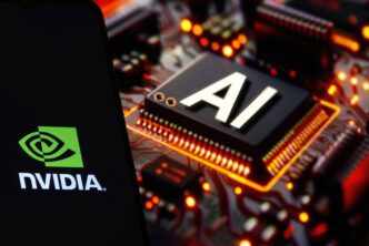 NVIDIA logo on a phone screen next to an illuminated chip labeled "AI" on a circuit board.