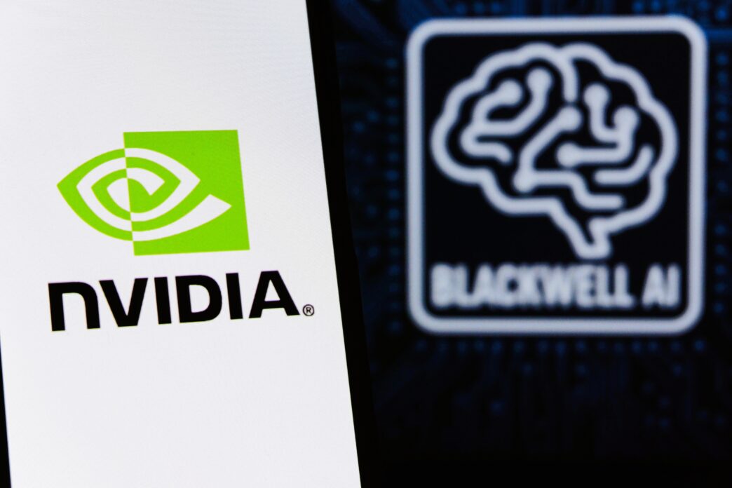 The NVIDIA logo on a white screen next to a blurred Blackwell AI logo featuring a brain icon.