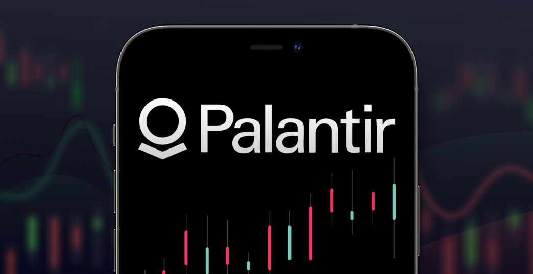 Smartphone screen displaying the Palantir logo and stock ticker over a dark, digital trading chart.