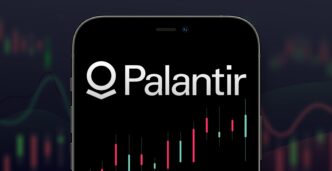Smartphone screen displaying the Palantir logo and stock ticker over a dark, digital trading chart.