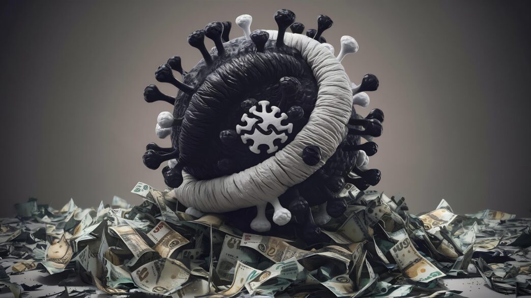 Stylized coronavirus model coiled with dollar bills, resting on a pile of money, symbolizing the pandemic's financial impact.