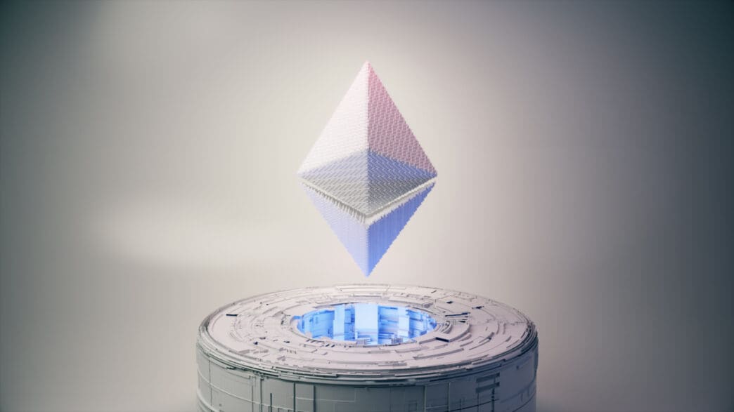 3D rendered Ethereum logo floating over a futuristic circular platform with blue neon light.