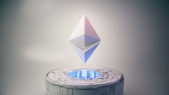 3D rendered Ethereum logo floating over a futuristic circular platform with blue neon light.