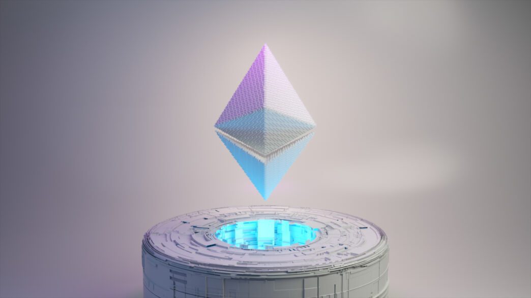 3D pixelated Ethereum logo floating above a glowing, futuristic tech pedestal.