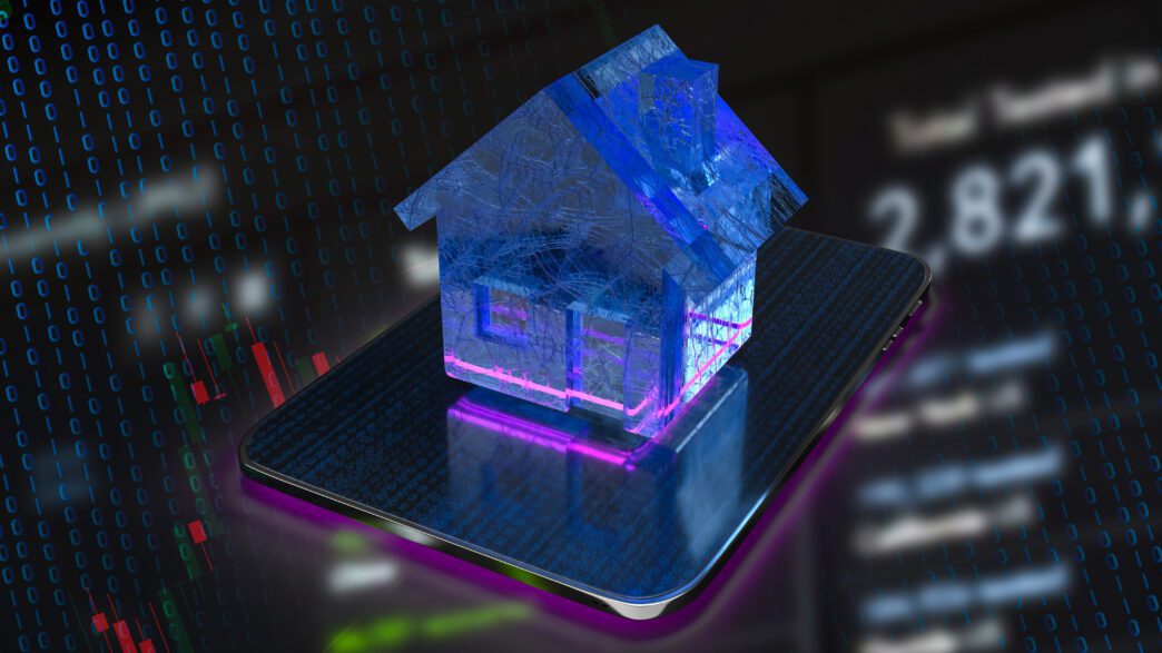 3D rendered translucent house icon on a digital tablet, symbolizing real estate technology.