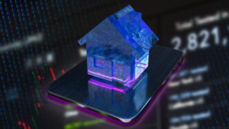 3D rendered translucent house icon on a digital tablet, symbolizing real estate technology.