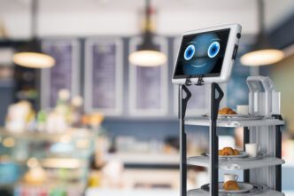 Service robot with a smiling digital face serving food on a multi-tiered tray in a cafe.