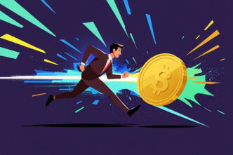 Flat illustration of a businessman aggressively running towards a giant gold Bitcoin coin.