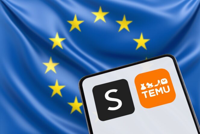 Smartphone screen displaying the Shein and Temu e-commerce app logos against a waving EU flag backdrop.