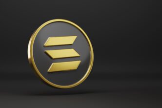 3D rendered golden and black Solana cryptocurrency coin floating against a dark gray background.