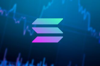 The gradient Solana cryptocurrency logo, composed of three parallel trapezoids, displayed over a blurred dark blue financial chart background.