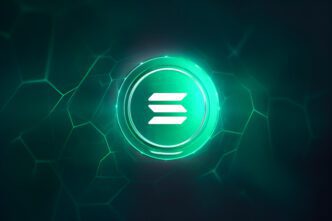 Brightly glowing Solana logo centered on a dark green, futuristic blockchain background.