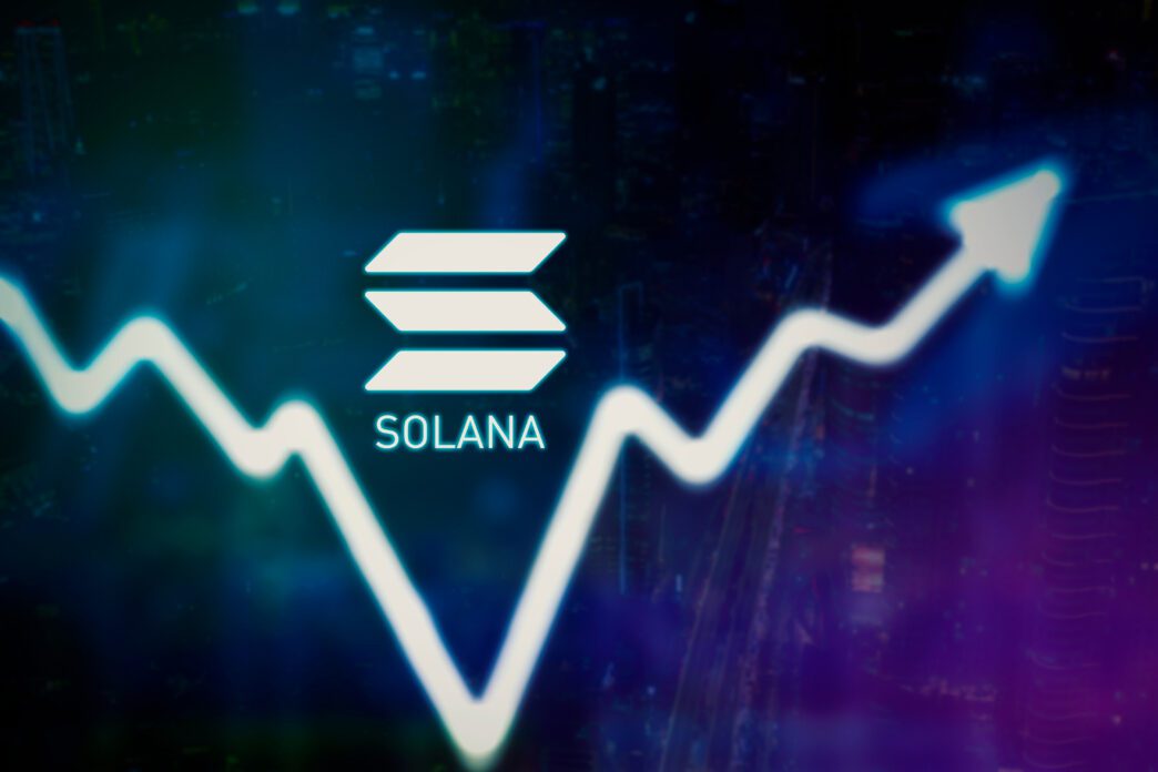Solana logo centered on a glowing, upward-trending line graph against a blurred city background.