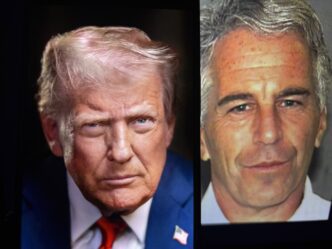 Split image featuring President Trump's portrait on the left and Jeffrey Epstein's mugshot on the right.