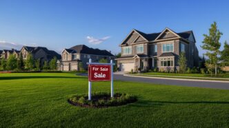 Red "For Sale" sign planted in the lawn of a large, modern suburban house on a sunny day.