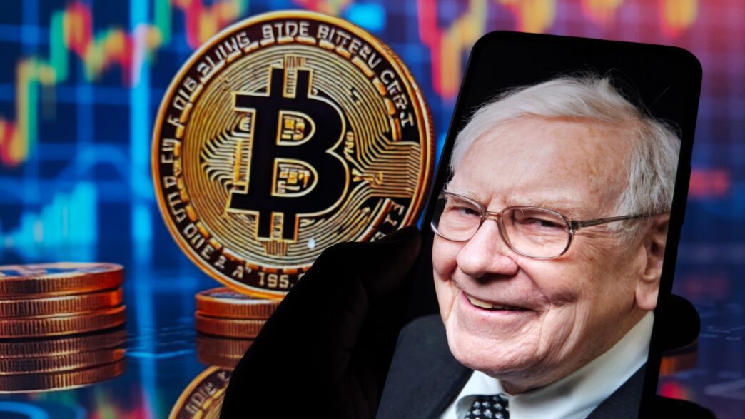 Warren Buffett's smiling face on a phone screen overlaying a large Bitcoin and trading graph.