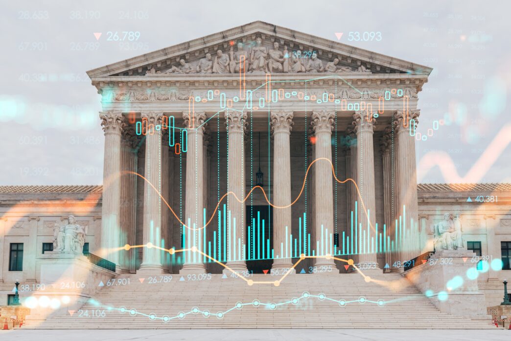 The US Supreme Court building overlaid with a glowing Forex candlestick chart and data hologram.