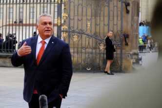 Prime Minister Viktor Orbán of Hungary gestures while arriving at a summit in Prague.