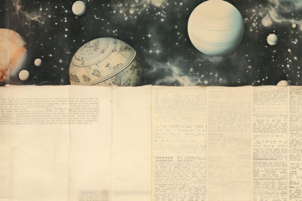 Vintage-style collage featuring rendered planets and stars overlaying pages of faded, handwritten and printed text.
