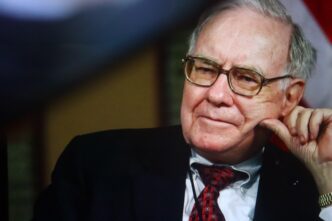 Close-up portrait of billionaire investor Warren Buffett, wearing glasses and resting his chin on his hand.