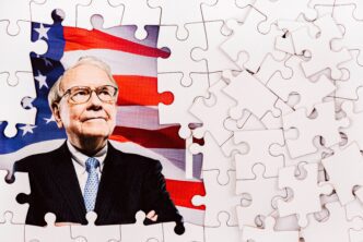 Puzzle image of Warren Buffett and the US flag, surrounded by blank puzzle pieces.
