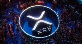 3D rendering of the XRP cryptocurrency logo glowing with vibrant red and blue digital particle effects.