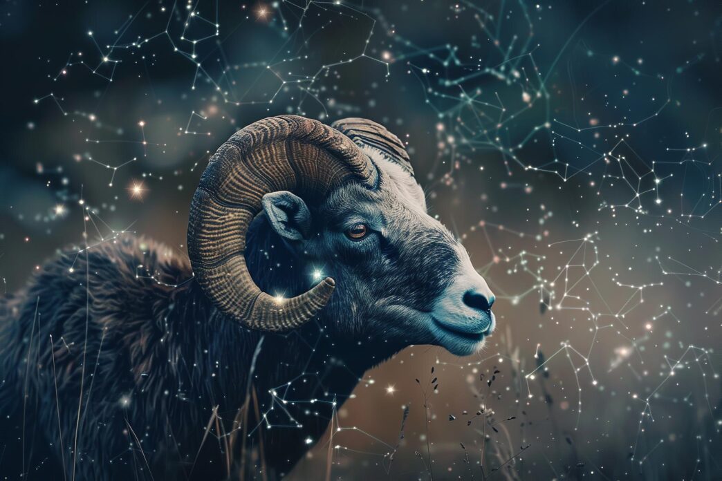 Abstract illustration of a ram's head with cosmic elements, representing the Aries zodiac sign.