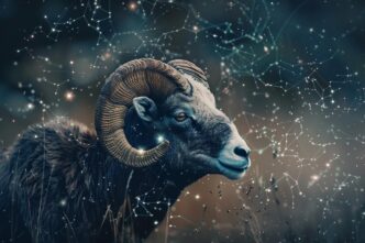 Abstract illustration of a ram's head with cosmic elements, representing the Aries zodiac sign.