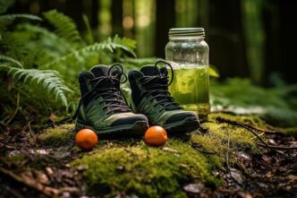 A hiker enjoys juice while taking a break on a trail, with an adventure theme.