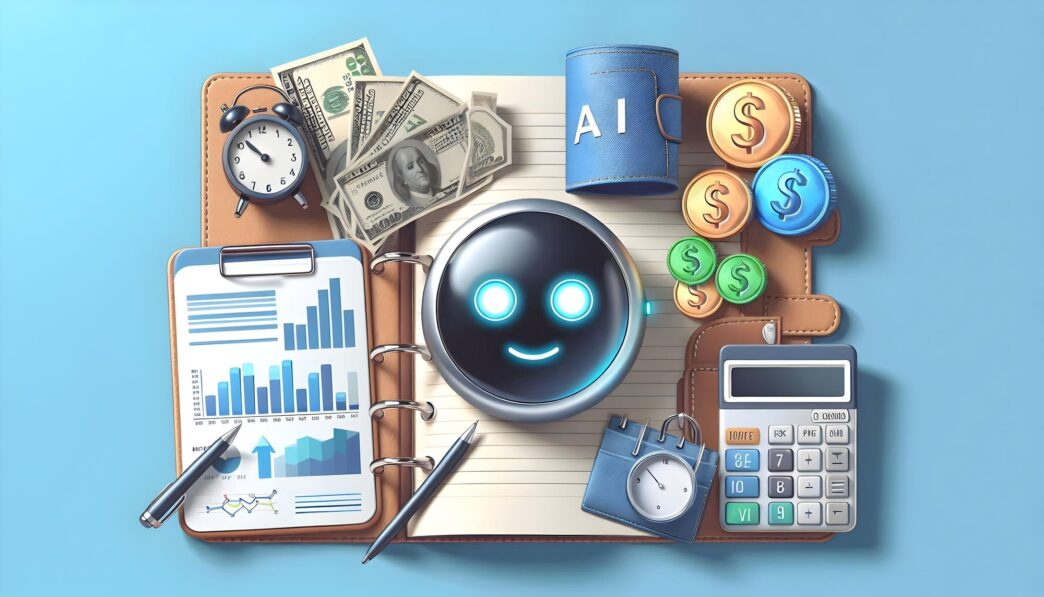 Realistic illustration of an AI chatbot interface next to a budget planner, representing personal finance management.