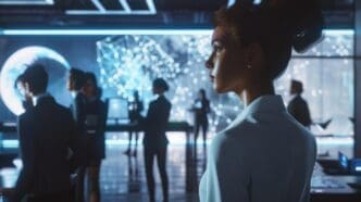 Employees in an office setting participate in data security training, likely using AI tools.