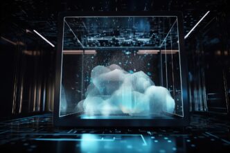 An illustration depicts a cloud with interconnected nodes representing a network, protected by a firewall, symbolizing network security and artificial intelligence.