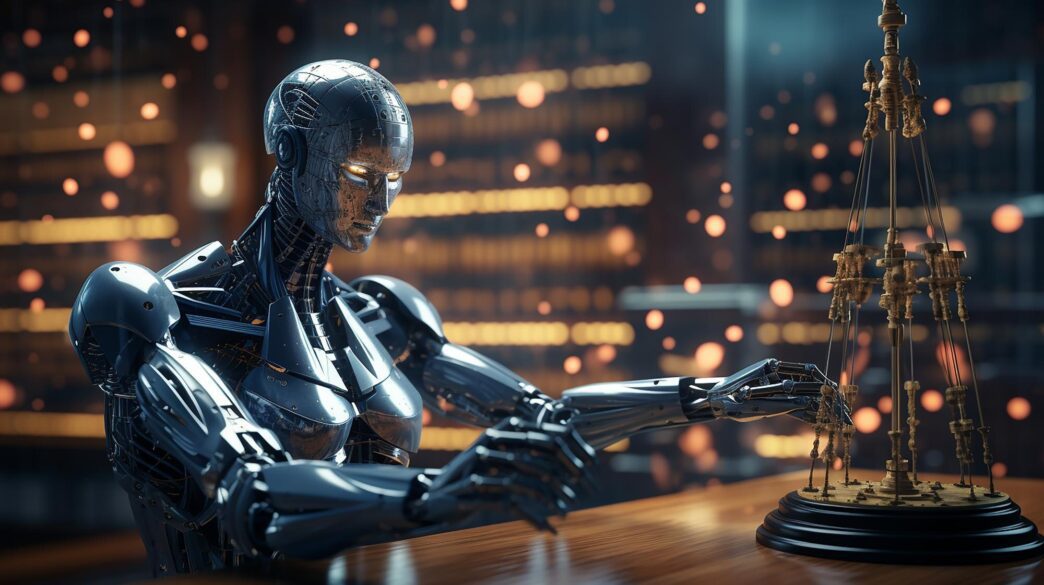 A graphic depicts a businessperson standing in front of a grid of icons representing AI laws and regulations.