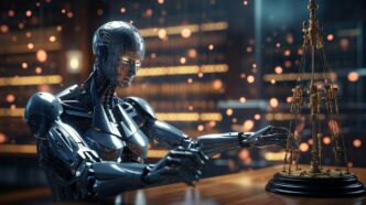 A graphic depicts a businessperson standing in front of a grid of icons representing AI laws and regulations.