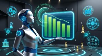 A futuristic graphic visualizes business success with glowing lines and data points, representing AI-powered sales growth.