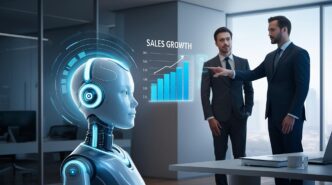 A futuristic visualization depicts sales growth powered by artificial intelligence, illustrating business success.